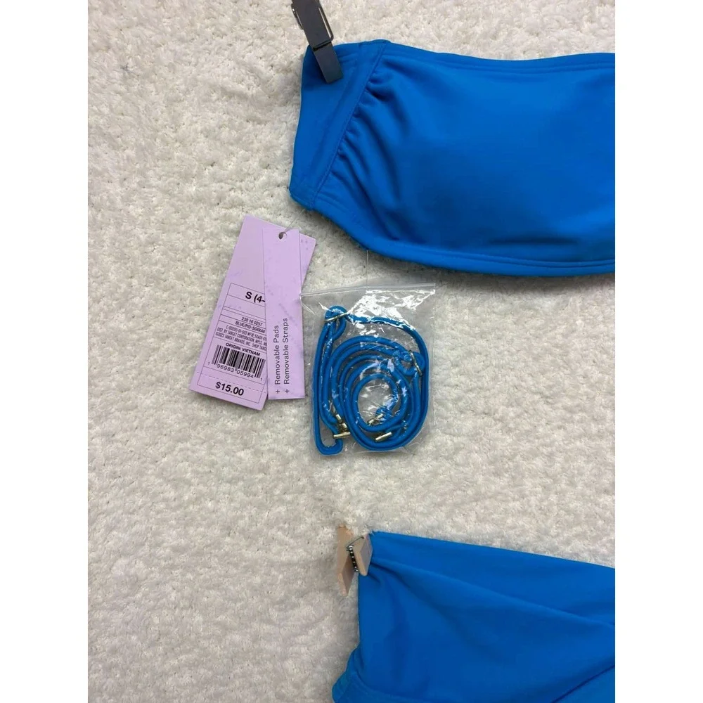 Wild Fable Blue Bandeau Bikini Set V-Front Cheeky High Leg NWT Womens Small